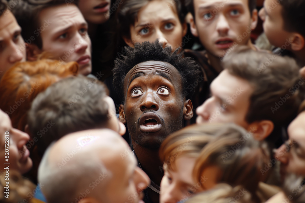 Fototapeta premium Top view, African American man screaming surrounded by white people. Concept of tolerance, unity, love and anti racism concept.