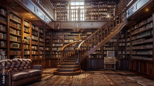 A drawing room with a floating staircase leading to a mezzanine library filled with leather-bound books