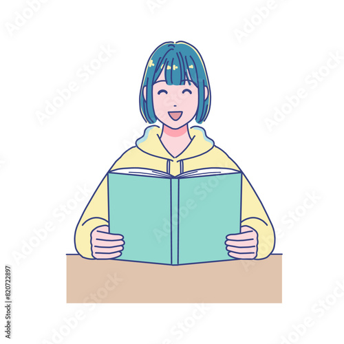 机で勉強するアニメ風の女子学生