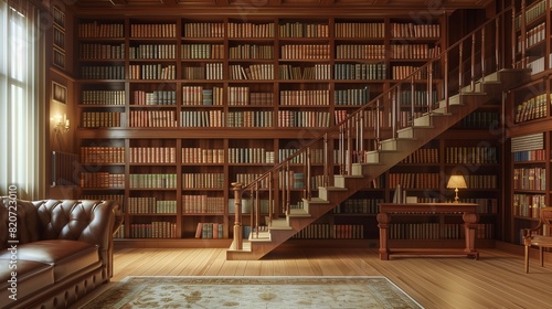 A drawing room with a floating staircase leading to a mezzanine library filled with leather-bound books photo