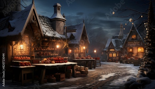 Winter night in the village. Christmas and New Year concept. Panorama