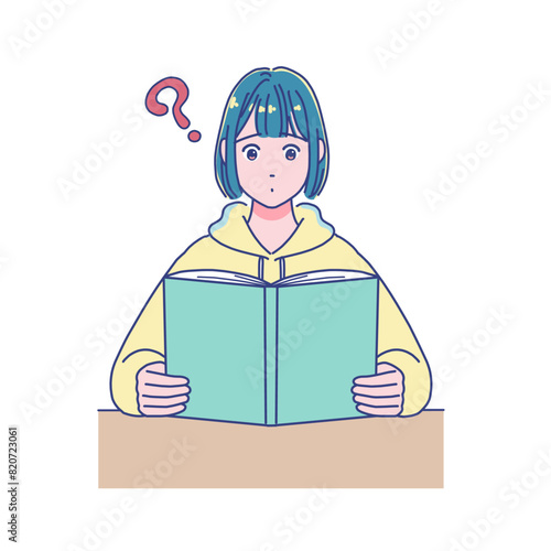 机で勉強するアニメ風の女子学生