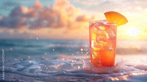 Tropical beach cocktail main idea with focus on vibrant colors sunset refreshing nature drink
