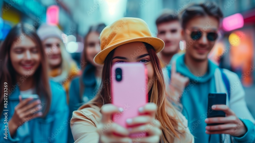 Group young friends taking selfie on city street at night with blurred background Group young friends taking selfie on city street at night with blurred background