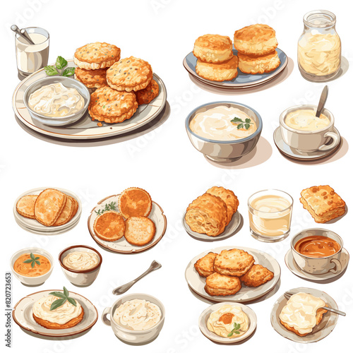 Homemade biscuits with creamy butter and fresh milk, served on rustic plates. Perfect for breakfast, bakery menus, comfort food lovers, traditional recipes, and food photography.