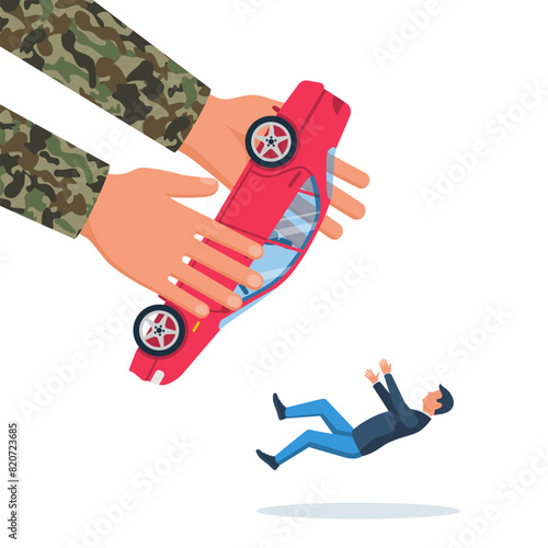 Confiscated car. A military man takes a car from a man. Violation of human rights in Ukraine. Dictatorship and violation of the constitution. Vector illustration flat design.