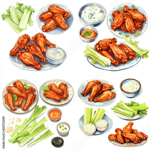 Set of delicious chicken wings with celery and carrots on a white background