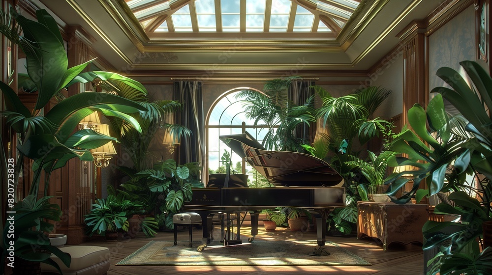 A drawing room with a grand piano positioned under a skylight, surrounded by lush indoor plants
