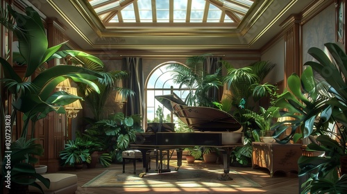 A drawing room with a grand piano positioned under a skylight  surrounded by lush indoor plants