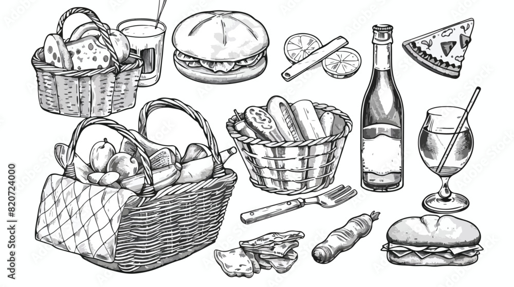 Hand drawn picnic items Four  Four with various food