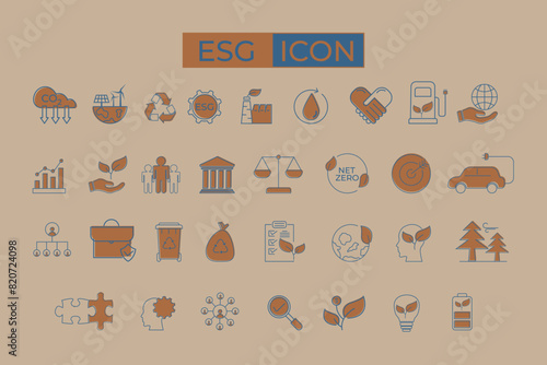 Set of ESG Environmental icon, Social, and Governance icons. Including Governance, climate crisis, sustainability, ecology and More. orange and blue © Muhammad