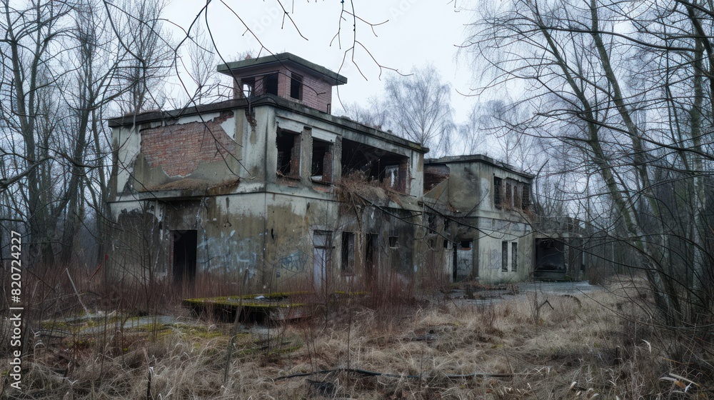 A desolate, abandoned area with a large building in the background A desolate, abandoned area with a large building in the background