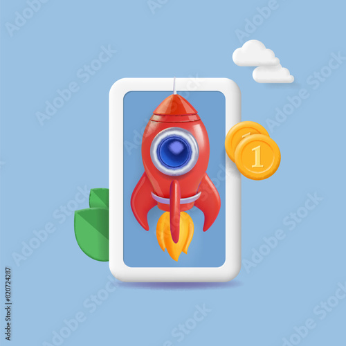 Start up concept for mobile app development. Rocket or rocketship launch, mobile phone or smartphone. Digital business ideas. Vector 3d cartoon illustration © lightgirl