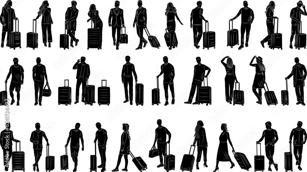 set of silhouettes of people with suitcases on a white background vector
