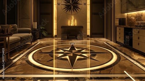 A drawing room with a floor inlaid with a compass rose design and ambient underfloor lighting