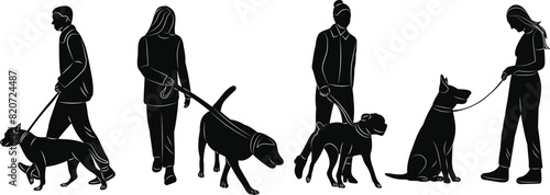 people walking with dogs silhouette on white background vector