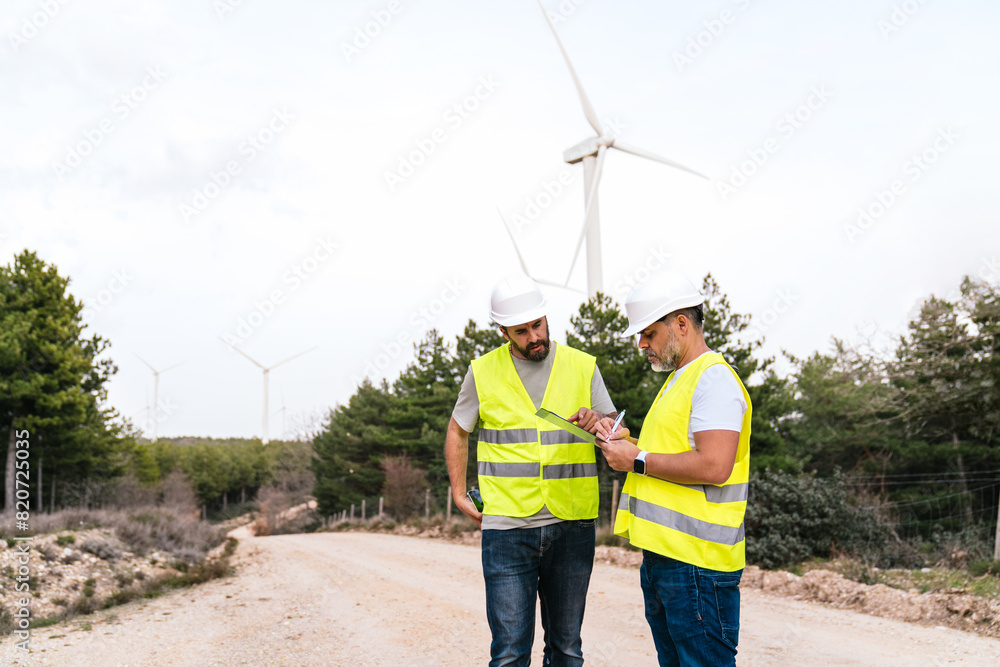 Two engineers in safety gear discuss wind turbine maintenance. They stand on a dirt road, surrounded by trees and wind turbines. Two engineers in safety gear discuss wind turbine maintenance. They stand on a dirt road, surrounded by trees and wind turbines.