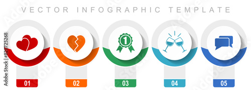 Love icon set, miscellaneous vector icons such as heart, badge, toast and chat, modern design infographic template, web buttons in 5 color options
