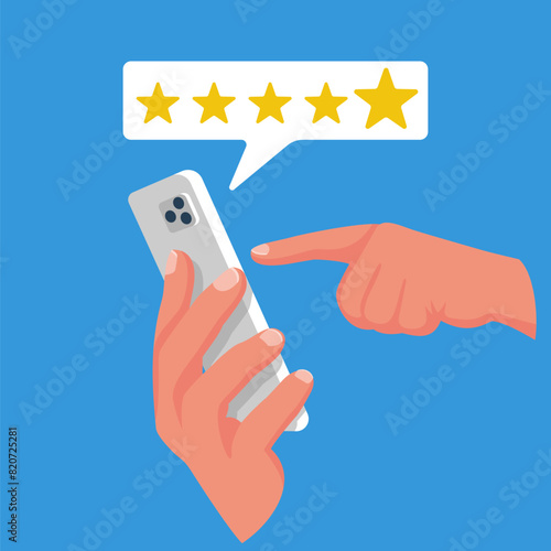 Smartphone in hands with rating. Feedback concept. Evaluation. Vector illustration flat design. Isolated on background. The client rates the service.
