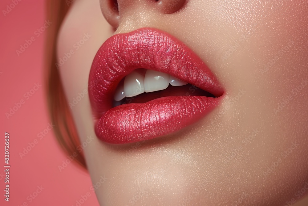 Naklejka premium Close-up of glossy, plump red lips slightly parted.