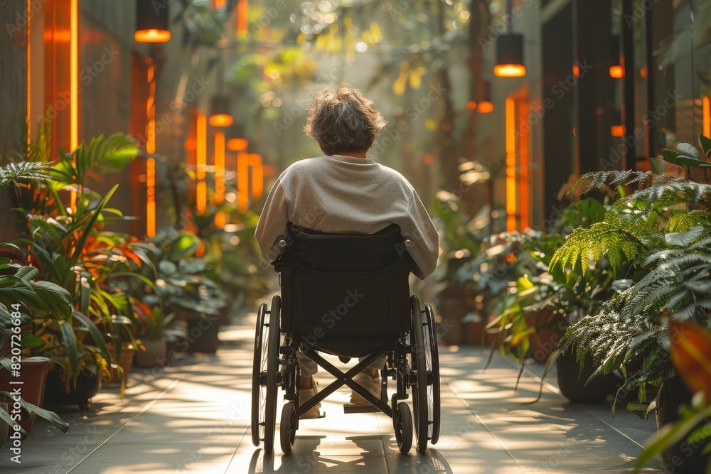 Obraz premium Elderly person in wheelchair in a sunlit indoor garden.