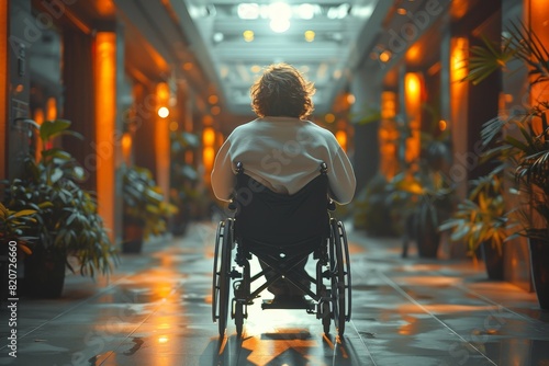 Person in wheelchair in warmly lit indoor hallway with plants and lights. photo