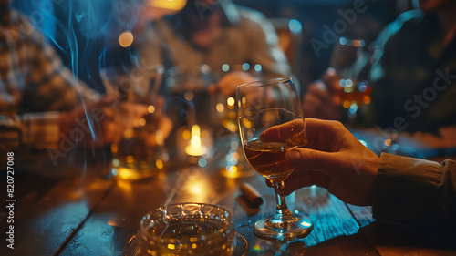 Cigars and whiskey glasses on the table in close-up  capturing the essence of a refined men s gathering  characterized by conviviality and relaxation  