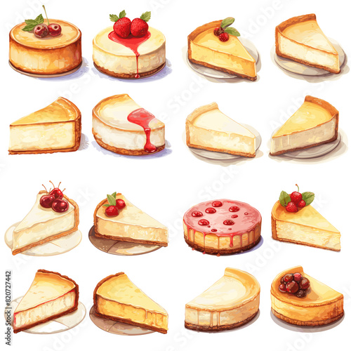 Set of cheesecakes with illustrations of different sizes and shapes
