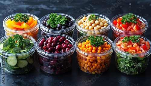 Assorted colorful fresh vegetables and legumes in glass jars on a dark background, healthy eating and meal prep concept.