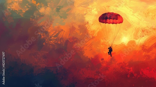 Impressionism digital painting of a paratrooper exiting a drop pod during sunset, with a focus on light and color photo