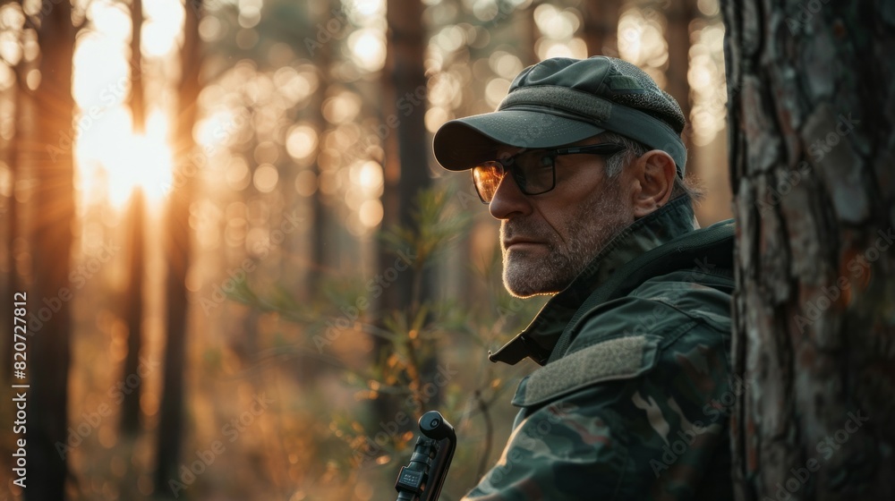 A man in camouflage gear is standing in a forest, looking at the camera A man in camouflage gear is standing in a forest, looking at the camera
