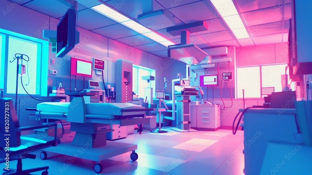 Low Poly Art of a hospital scene, simplifying complex medical procedures into minimalist, low poly designs with vibrant, polychromatic colors Low Poly Art of a hospital scene, simplifying complex medical procedures into minimalist, low poly designs with vibrant, polychromatic colors