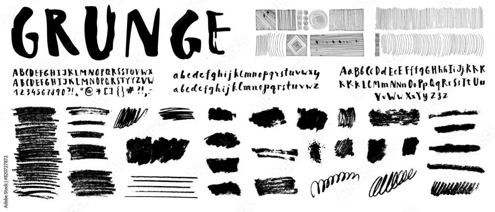 Grungy brush line elements set. Rough scribble collection. Hand drawn grunge sketch font with variables. Pen pencil textured lines. Dirty chalk curves, text boxes and textures. Isolated elements