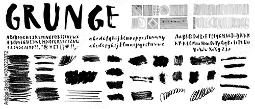 Grungy brush line elements set. Rough scribble collection. Hand drawn grunge sketch font with variables. Pen pencil textured lines. Dirty chalk curves, text boxes and textures. Isolated elements