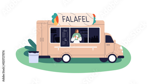 Street food truck, mobile cafe van selling falafel. Vendor at counter of caravan, snack shop on wheels outdoors. Seller in wagon window. Flat vector illustration isolated on white background © Good Studio