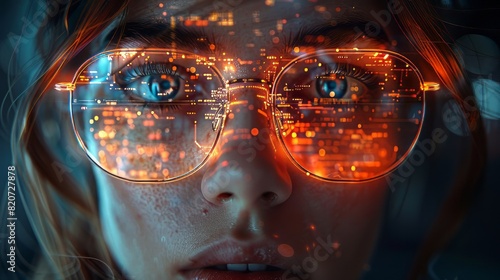 Close-up of a woman's face with digital data reflecting in her glasses, representing technology, innovation, and artificial intelligence. photo