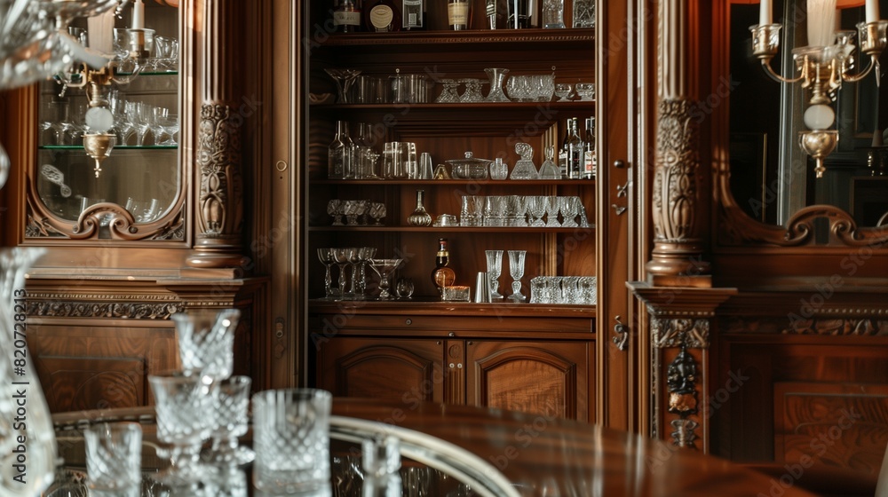 A drawing room with a hidden bar cabinet behind a sliding panel, complete with crystal glassware A drawing room with a hidden bar cabinet behind a sliding panel, complete with crystal glassware