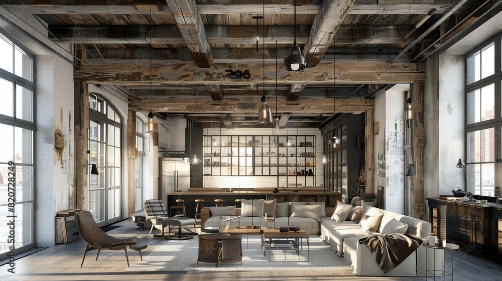 A drawing room with a statement ceiling made of reclaimed wood beams and industrial-style pendant lights A drawing room with a statement ceiling made of reclaimed wood beams and industrial-style pendant lights
