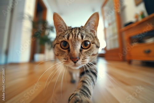 closeup cute tabby cat with a curious look on its face playing in living room, Shot with a wide angle lens photo