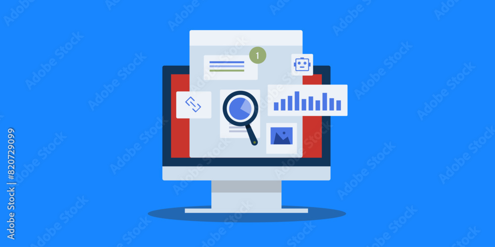 AI driven SEO software examine website ranking, link building, content and web traffic performance, analyse data vector illustration concept. AI driven SEO software examine website ranking, link building, content and web traffic performance, analyse data vector illustration concept.
