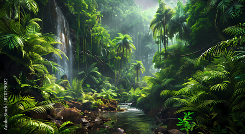 A dense jungle with lush green foliage