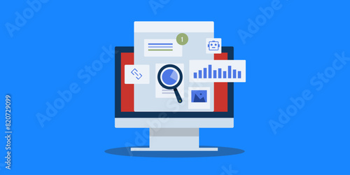 AI driven SEO software examine website ranking, link building, content and web traffic performance, analyse data vector illustration concept.