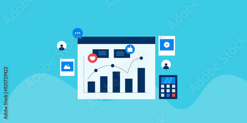 Social media post engagement content analysis and conversion calculation, digital marketing report on screen. Vector illustration concept.