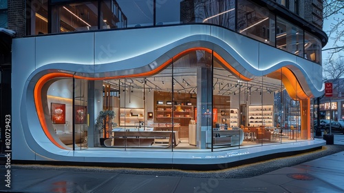 Modern storefront with elegant, curved glass design and warm interior lighting showcasing a sleek, upscale commercial space in an urban setting.
