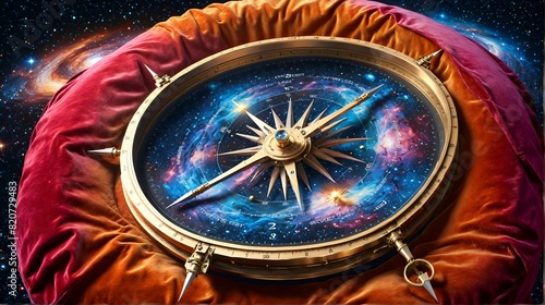 Wallpaper Mural A galaxy compass. Its needle pointing towards an unknown destination, resting on a velvet cushion. Secret Technology. Sci Fi. Alien technology. Blue. Golden. Brass. Red. Torontodigital.ca