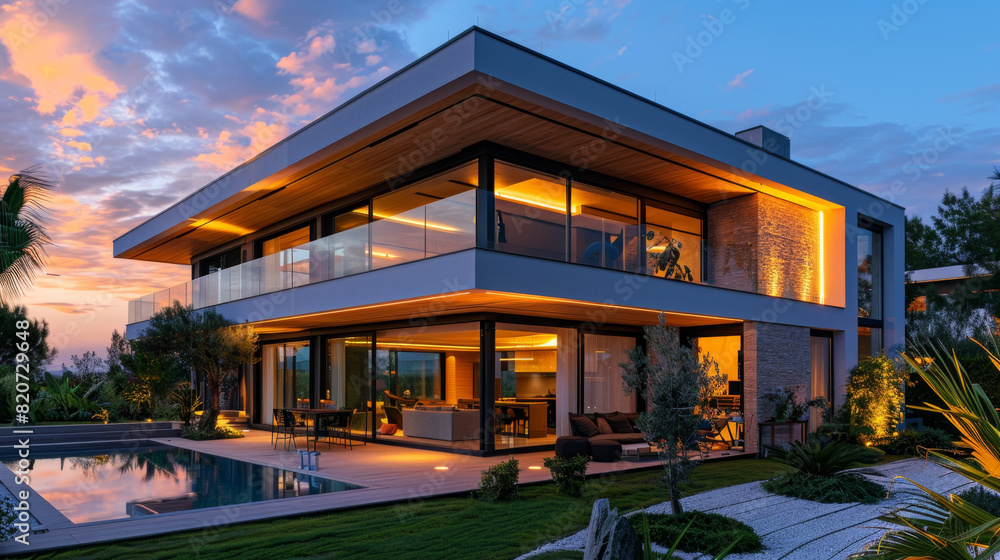 Stylish, upscale modern house with expansive terrace. Stylish, upscale modern house with expansive terrace.