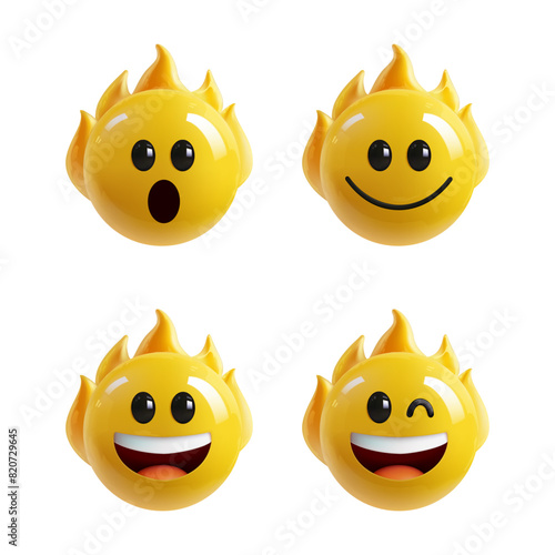 Set of fire flames with emotions, fire sale discount, isolated on white.	
