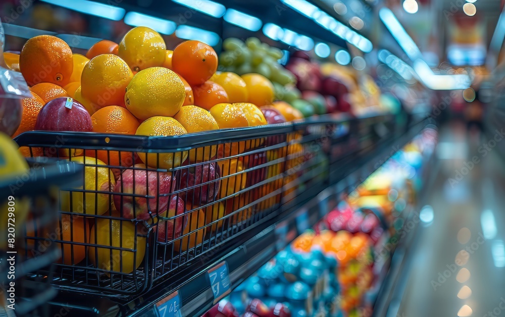 Shelf stocked with fresh fruits in a modern supermarket, showcasing a colorful variety of produce under bright lights. Shelf stocked with fresh fruits in a modern supermarket, showcasing a colorful variety of produce under bright lights.