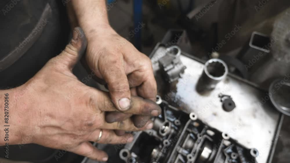POV male dirty hands of young mechanic at workshop. Repairman rubbing unclean arms from fuel oil after hard work at garage. Concept of maintenance service. Slow motion POV male dirty hands of young mechanic at workshop. Repairman rubbing unclean arms from fuel oil after hard work at garage. Concept of maintenance service. Slow motion