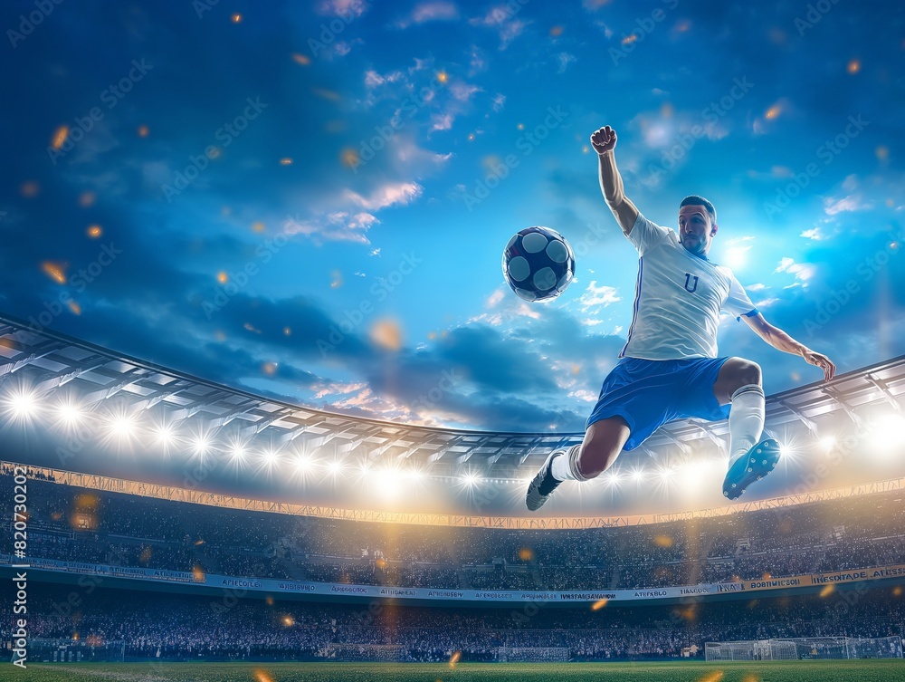 Dynamic shot of a soccer player in mid-air, about to kick the ball in a brightly lit stadium.